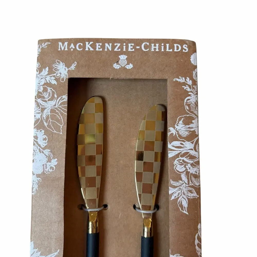 NEW Mackenzie-Childs Black Spreader Set of 2 Black & Gold Checked
